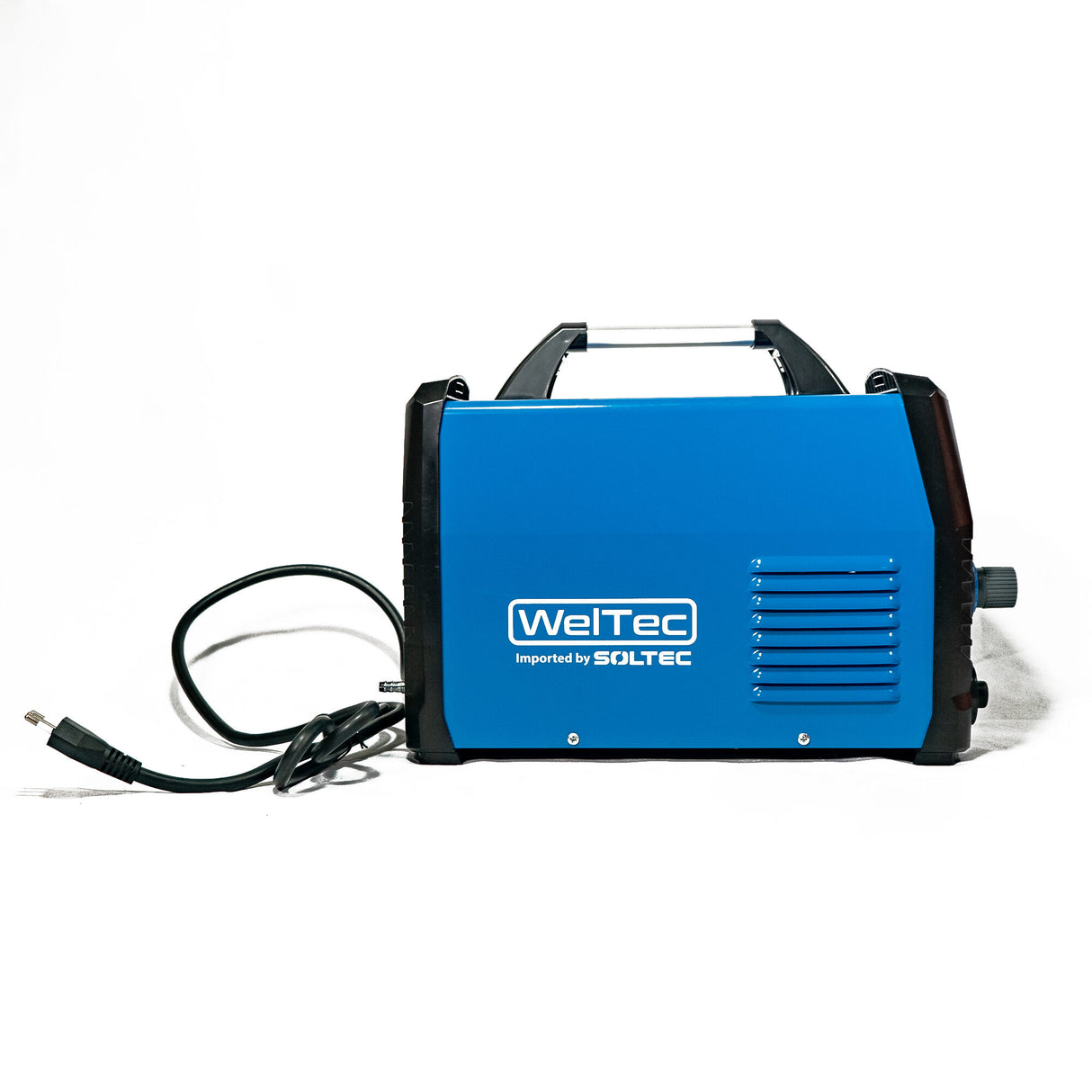 Cortadora plasma Weltec Cut 45 vista lateral con logo Soltec y rejilla de ventilación
